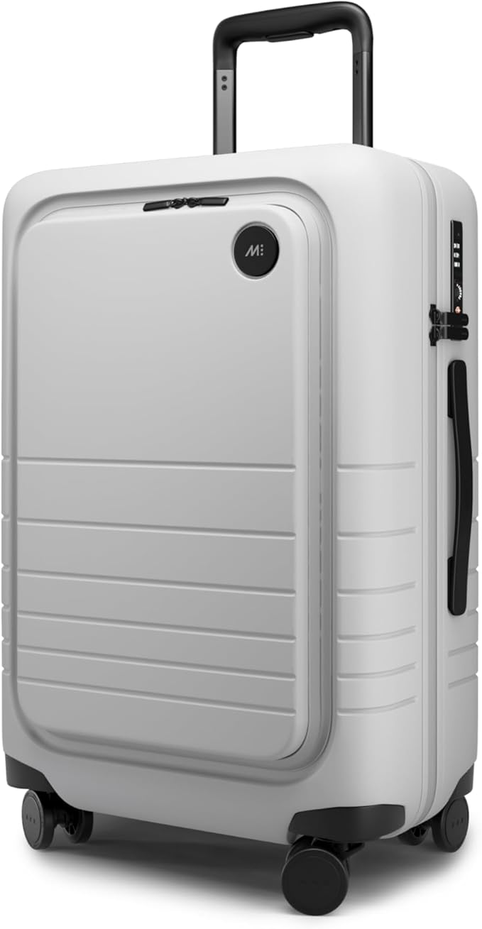 Monos Carry-On Pro Plus Luggage (23"), Hardside Spinner Suitcase with TSA Lock & Front Pocket, Airline Approved, Stellar White
