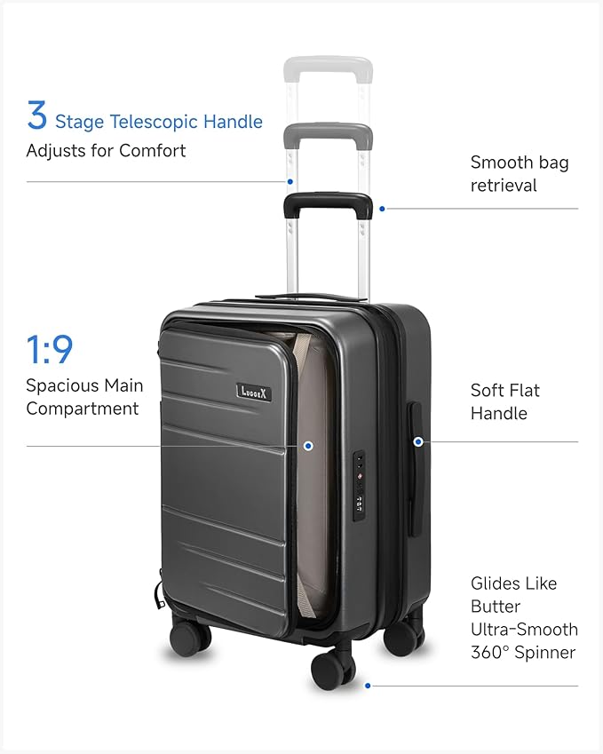 LUGGEX Carry On Luggage Top Opening, FLT Expandable Polycarbonate Hard Shell Suitcase with Wheels (FX-Lite, Charcoal Metallic, 20 Inch, 36L-41L)