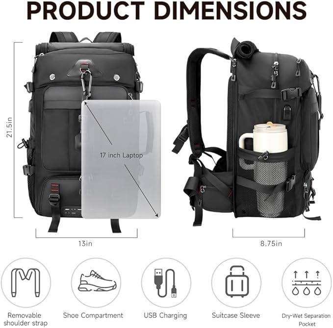 SWICKY 50L Large Capacity Travel Backpack, Outdoor Hiking Camping Bag with Shoe Compartment, Heavy Duty, Fits 17" Laptop