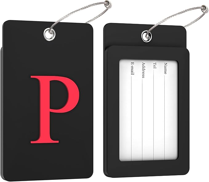 Gostwo 2 Pack Luggage Tags for Suitcases, 26 Initial Letter Travel Luggage Baggage Identification Labels ID Tag Fully Bendable Tags with Stainless Steel Loop (Black) (Letter P)