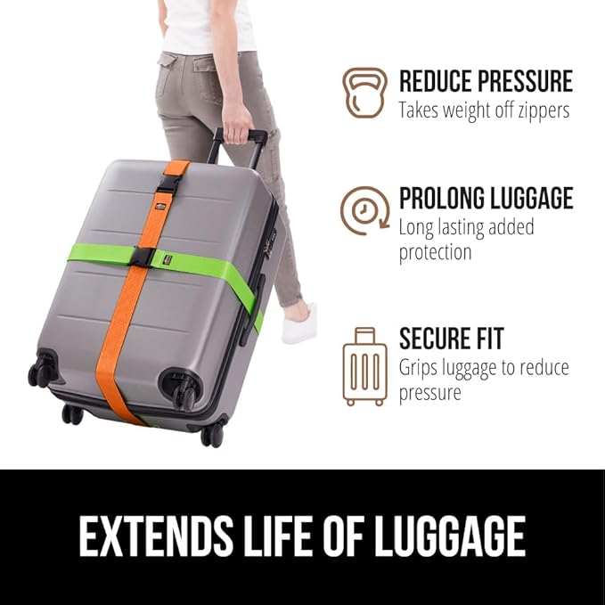 GORILLA GRIP Heavy Duty 4 Pack Adjustable Luggage Straps for Suitcases, Easy to Identify Travel Belt Connector Holds Suitcase Together, Extends Life of Bag, Strap Connects Two Bags, Green and Orange
