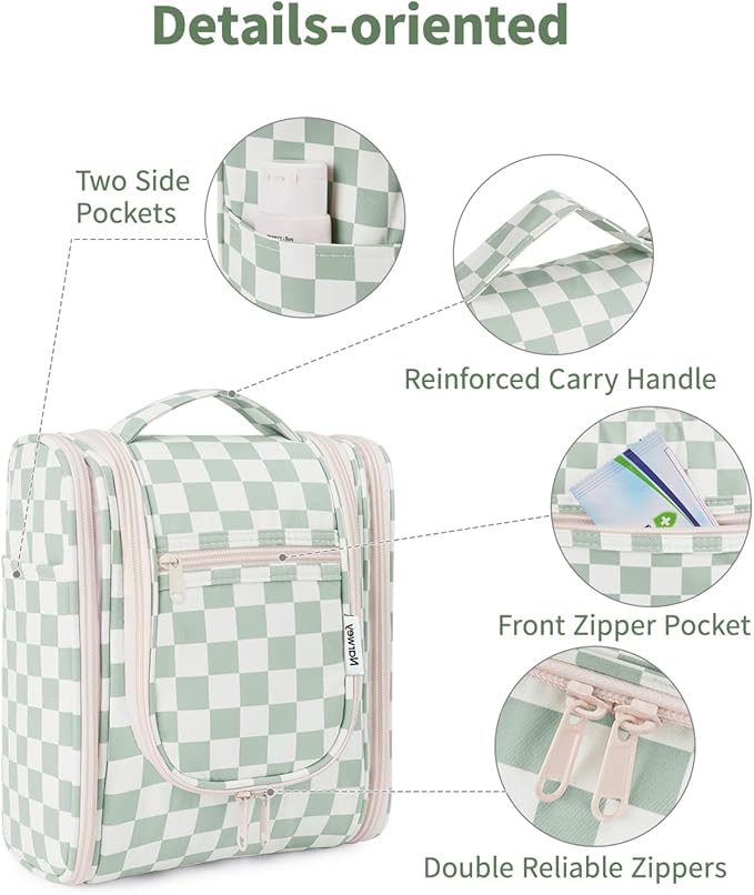Narwey Hanging Travel Toiletry Bag for Women, Travel Bag for Toiletries, Checkered Makeup Bag Organizer, Cosmetic Make Up Bags for Travel Size Essentials, Skincare, Brushes (Mint Green Checkerboard)