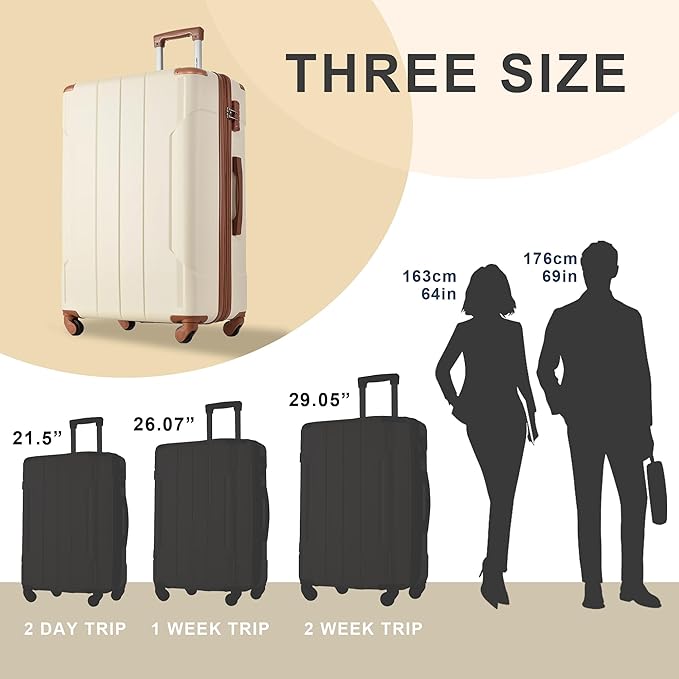 Merax Suitcases With Wheels Hardside Luggage Sets 3 Piece, Expandable And Lightweight, Travel Suitcases For Woman And Man (White Brown)