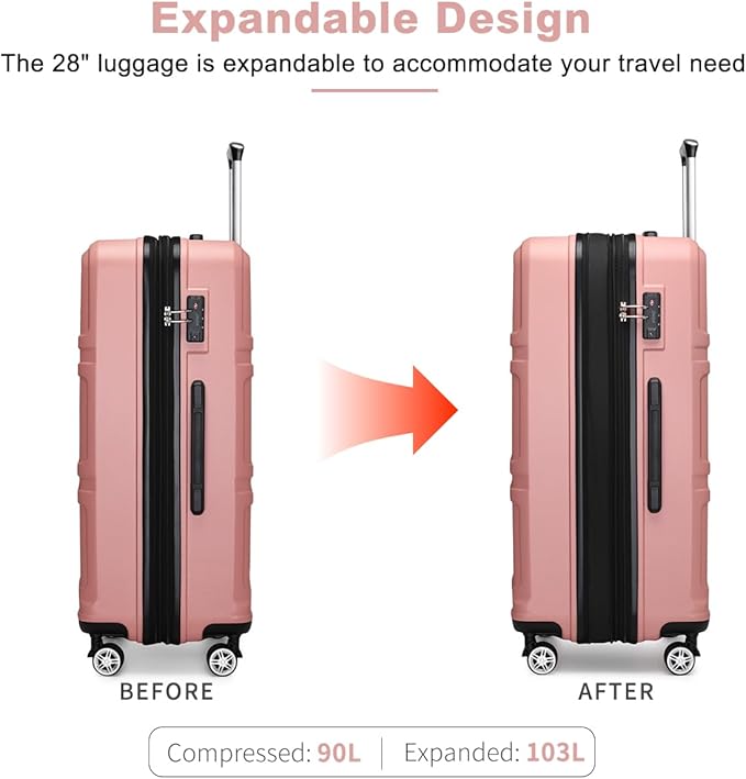 Kono 28 Inch Luggage Expandable Suitcase with Spinner Wheels TSA Lock Lightweight PC+ABS Hardside Large Checked Luggage Durable Rolling Suitcase Nude/Rose Pink