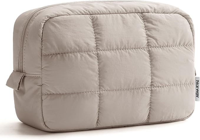 Narwey Quilted Makeup Bag for Women Girl, Puffer Travel Cosmetic Bag Puffy Make Up Bag Organizer, Cute Travel Toiletry Bag for Toiletries (Khaki)