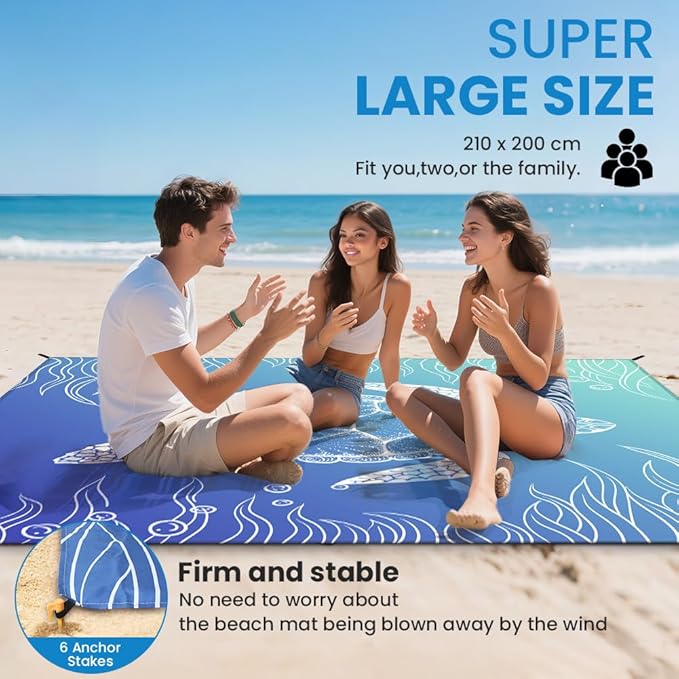 Ainiv Beach Blanket, Large Picnic Mat 210 x 200 cm (4-6 People) Foldable, Sandproof Waterproof, Camping Outdoor Blanket with 6 Fixed Nails for Beach, Hiking, Picnic