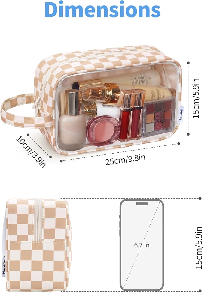 Narwey Clear Toiletry Bags for Traveling Women Men, Clear Travel Bags for Toiletries Makeup Bag Cosmetic Bag with Zipper, Make Up Organizer, Skincare Bag (Light Brown Checkerboard)