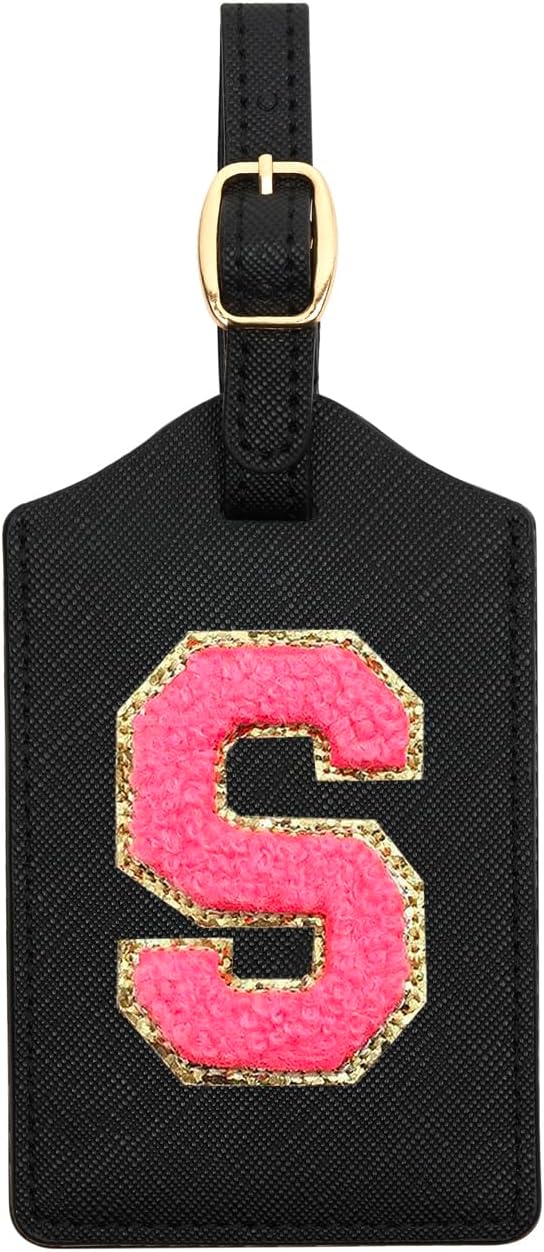Initial Luggage Tag, PU Leather Luggage Tag, Embroidered Luggage Tag, Letter Luggage Tag, Monogrammed Luggage Tag, Luggage Tag for Baggage Bag Suitcase (S, Black Leather+Rose Red Letter)