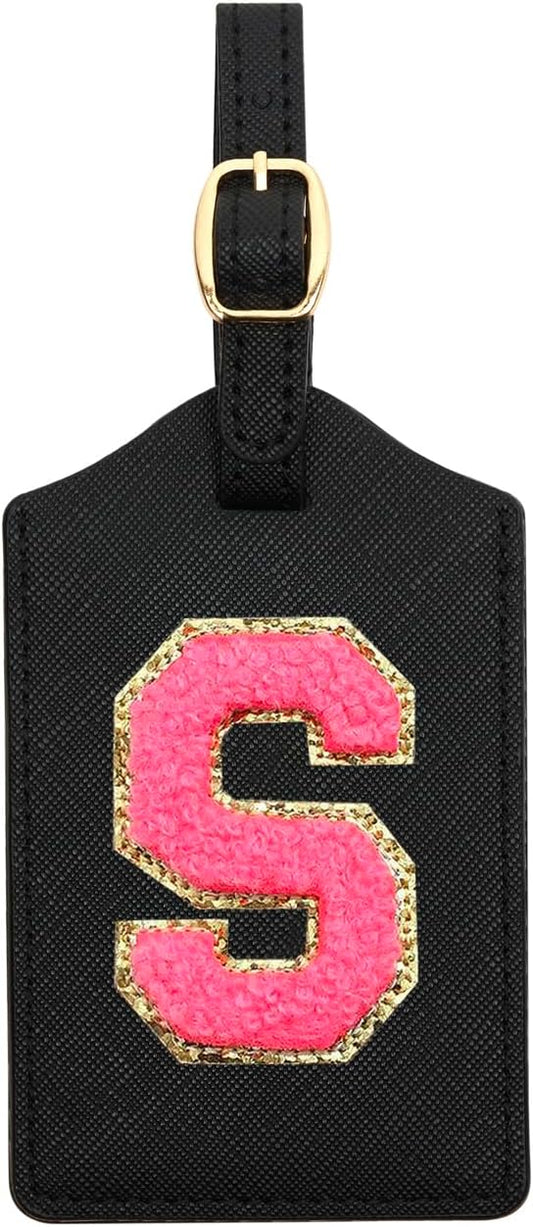 Initial Luggage Tag, PU Leather Luggage Tag, Embroidered Luggage Tag, Letter Luggage Tag, Monogrammed Luggage Tag, Luggage Tag for Baggage Bag Suitcase (S, Black Leather+Rose Red Letter)