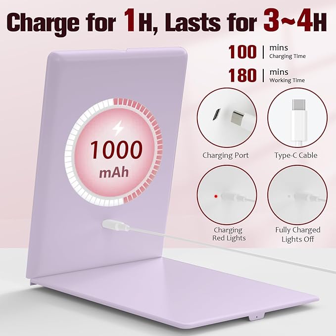 Travel Makeup Mirror with Lights Valentines Day Gifts for Her, Girlfriend, Wife, Birthday Gifts Rechargeable Portable Folding Compact LED Mirror Set with Tweezer 3 Color Light Modes-Purple