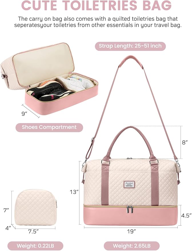 Travel Weekender Duffle Bags for Women: Overnight Bags with Shoe Compartment Large Carry on Weekend Bag with Toiletry Bag & Wet Pocket Tote Duffel Hospital Bag for Women Labor Delivery Beige Pink