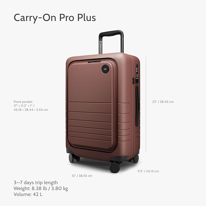 Monos Carry-On Pro Plus Luggage (23"), Hardside Spinner Suitcase with TSA Lock & Front Pocket, Airline Approved, Terracotta, Red