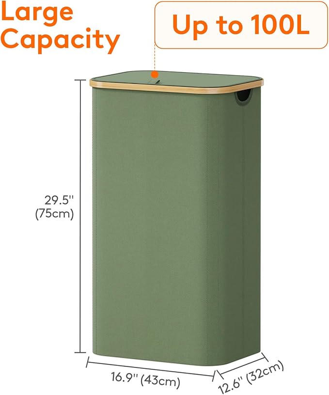 Lifewit 100L Laundry Basket with Lid, Clothes Hampers for Laundry with Bamboo Handles and 1 Removable Bag, Large Foldable Laundry Hamper for Bedroom, Bathroom, Dorm, Laundry Room, Green
