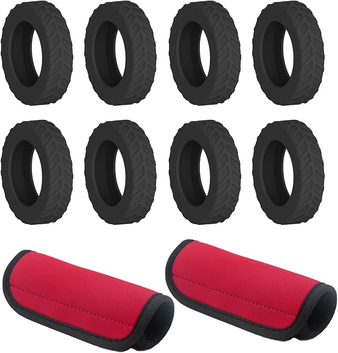 8-Pack Black Luggage Wheel Covers (Fits 2"-2.4" Double Wheels) & 2-Pack Red Handle Wraps - Silicone Tire-Textured Wheel Protectors, Wet-Suit Material Handle Grips for Travel
