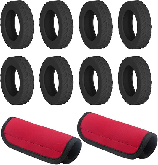 8-Pack Black Luggage Wheel Covers (Fits 2"-2.4" Double Wheels) & 2-Pack Red Handle Wraps - Silicone Tire-Textured Wheel Protectors, Wet-Suit Material Handle Grips for Travel
