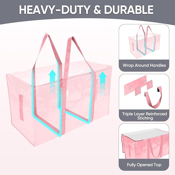 TICONN 2 Pack Extra Large Moving Bags Heavy Duty with Zippers & Carrying Handles, Durable Storage Bags Moving Boxes for Closet Organizers and Storage (2 Pack, Coral)
