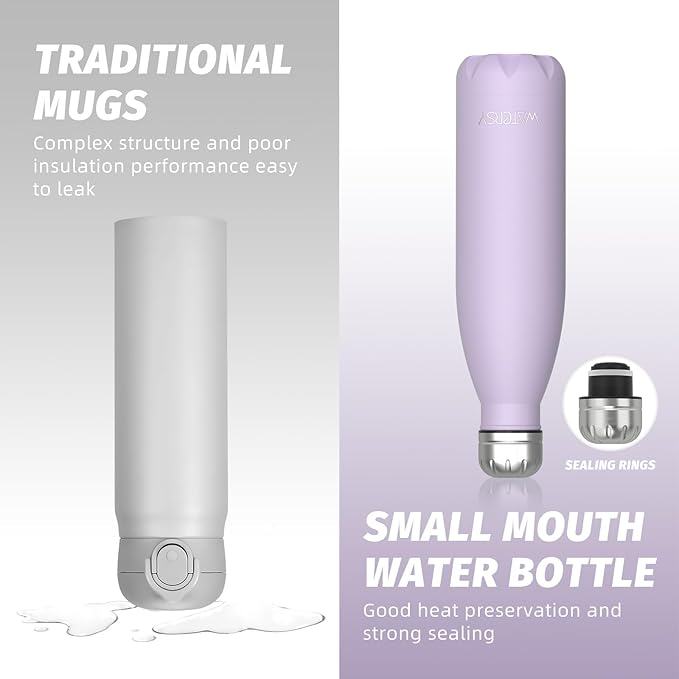 WATERSY Stainless Steel water bottles,17oz/500ml Insulated Water Bottles,Purple metal water bottle Keeps Drink Cold and Hot,BPA Free kids water bottles for School,Gym,Travel,Sports