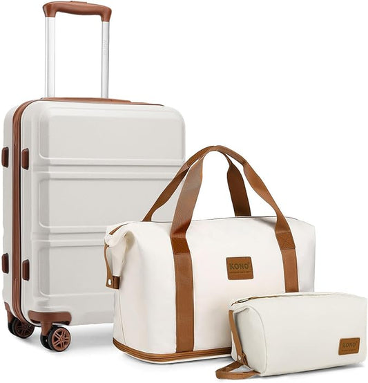 Kono Suitcase Set 3 Piece Carry On Lightweight PC+ABS Hardside Luggage with TSA Lock Spinner Wheels (Cream White, 20in)