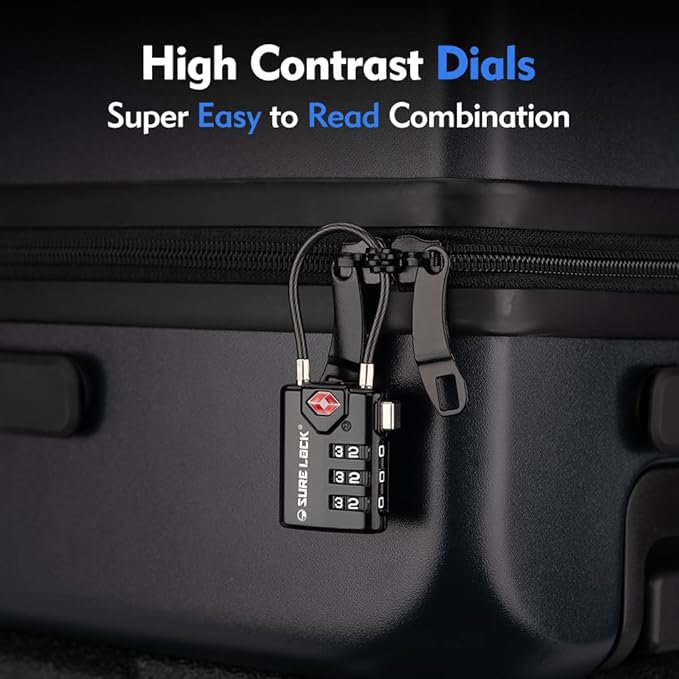 SURE LOCK TSA Approved Combination Luggage Locks with Open Alert Indicator – Durable Zinc Alloy Cable Travel Locks with Large Easy-Read Dials for Suitcases, Backpacks & Gym Bags（ Four Colour）