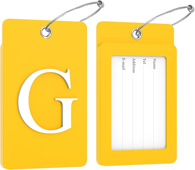 Gostwo 2 Pack Luggage Tags for Suitcases, 26 Initial Letter Travel Luggage Baggage Identification Labels ID Tag Fully Bendable Tags with Stainless Steel Loop (Yellow) (Letter G)