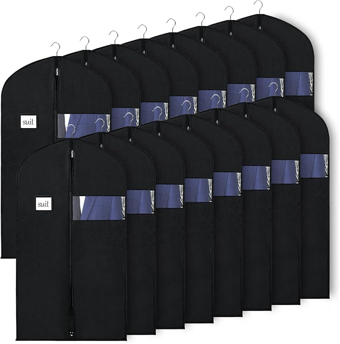 KEEGH 40" Suit Bags for Closet Storage (Set of 16) Garment Bags for Hanging Clothes, Suit Cover Bags for Suits Coats Dress with Zipper and Transparent Window, Black