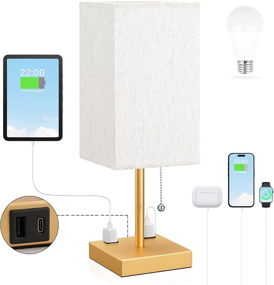 Gold Bedside Lamp for Bedroom - 3 Color Temperatures, USB A+C, 2 AC Outlets | Pull Chain Switch, LED Bulb Included, Cream Fabric Shade, 17.4" Table Lamp for Nightstand, Desk, Living Room, Office