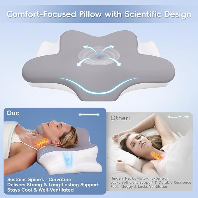 Cervical Neck Pillow, Memory Foam Pillows for Neck & Shoulder Pain Relief, 2 Heights Ergonomic Pillow with Breathable Ice Silk Cover, Neck Support Pillow for Stomach Sleepers White