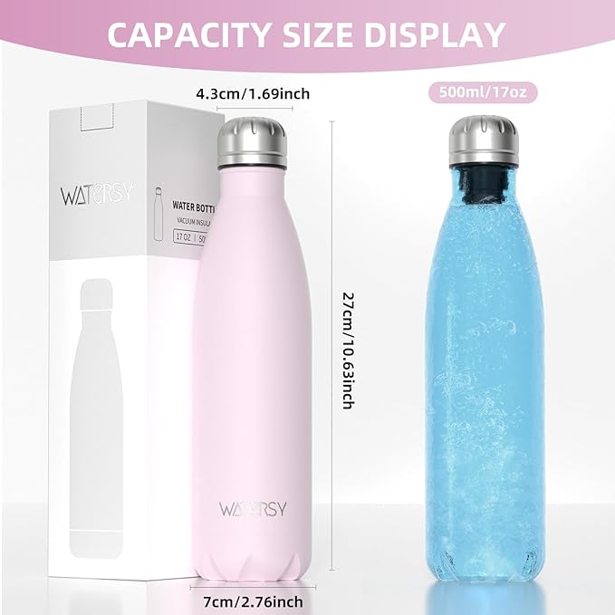WATERSY Stainless Steel water bottles,17oz/500ml Insulated Water Bottles,Pink metal water bottle Keeps Drink Cold and Hot,BPA Free kids water bottles for School,Gym,Travel,Sports