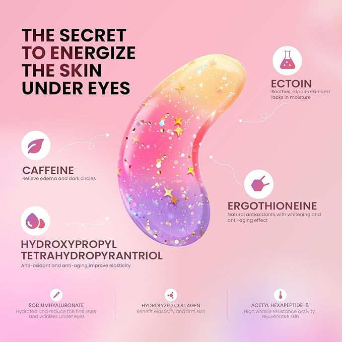 Under Eye Patches (48 Pairs) - Tri-color Glitter Eye Gel Pads for Dark Circles, Puffy Eyes, Under eye Bags, Wrinkles | Natural Collagen Under Eye Mask Patches, Gel Under Eye Patches