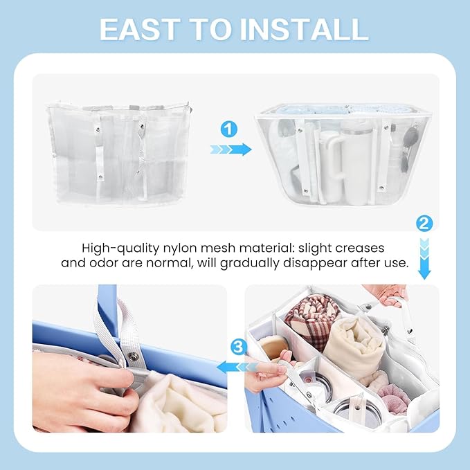 XYFuuee Beach Bag Organizer Inserts for Large Simple Modern Bag Accessories, with 8 Removable Metal Fasteners, Lightweight Mesh Insert Divider Pouch, Organizing Rubber Tote, Save Space, White