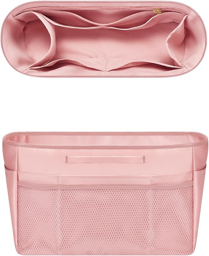 GIVLEFLY Small Satin Purse Organizer Insert with Multiple Pockets and Handle, Lightweight Handbag Organizer,Pink