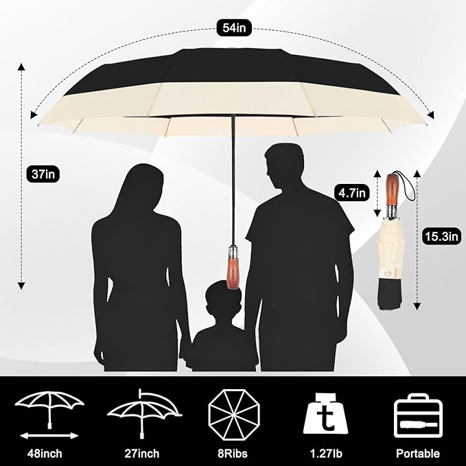 Lejorain Compact Golf Umbrella Large - 54inch Travel Big Portable Automatic Folding Umbrella Windproof for Men Heavy Duty 210T Dupont Teflon Coated Umbrella for Rain