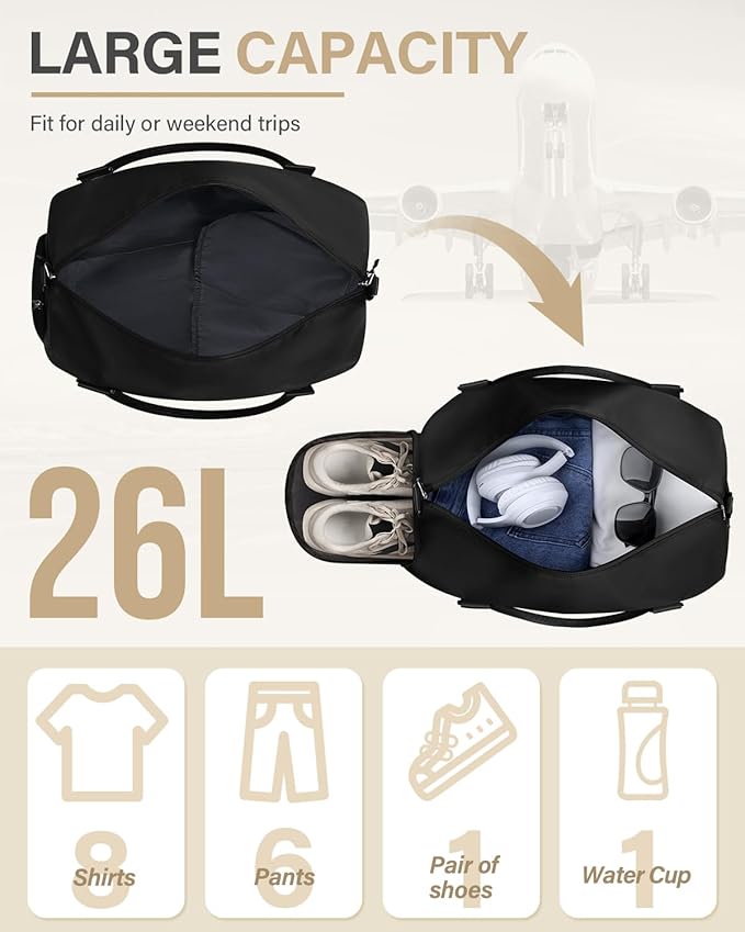Travel Duffle Bag for Women Large Weekender Overnight Bags Gym Bag with Shoe Compartment Waterproof Hospital Bag Carry On Tote Bag for Airplanes Black