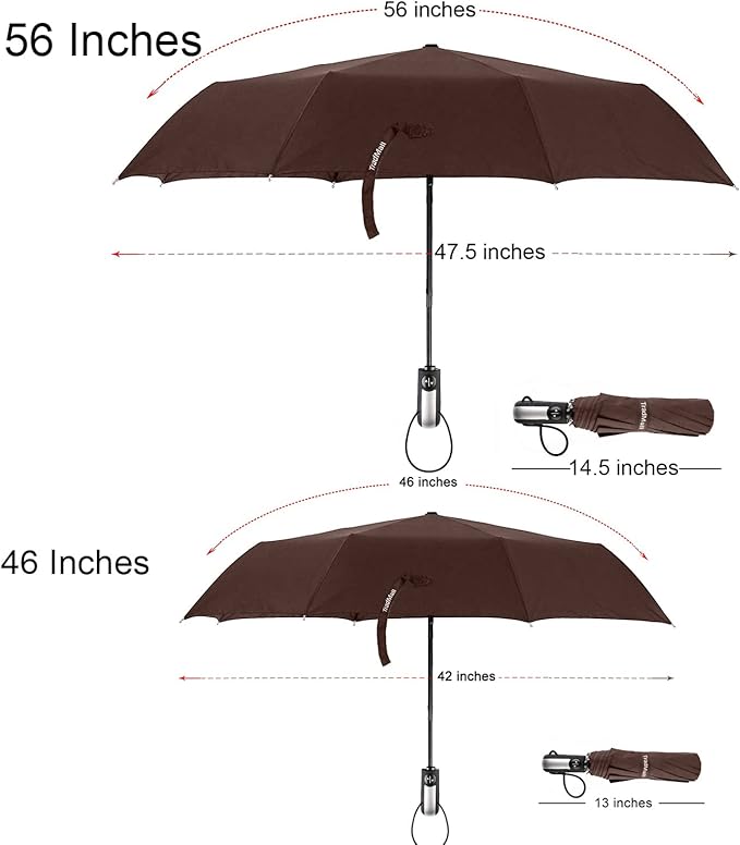 TradMall Travel Umbrella Windproof with 46 Inches Large Canopy 10 Reinforced Fiberglass Ribs Ergonomic Handle Auto Open & Close, Brown
