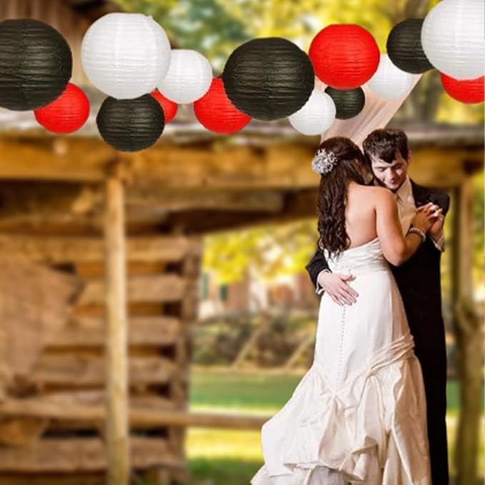 Paper Lanterns Decorative, Hanging chinese lanterns Indoor Outdoor for Birthday, Wedding, Christmas, Bridal, Home Decor, ceiling decorations Black/Red/White 12pcs(Size of 4”, 6”, 8”, 10”)