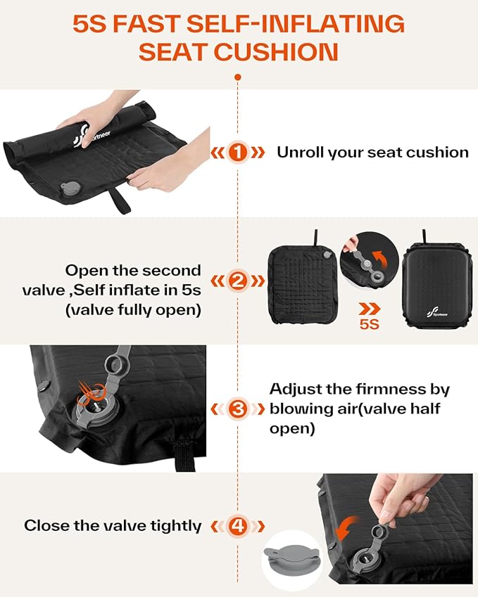 Sportneer Inflatable Seat Cushion: Self-Inflating 2" High Rebound Foam Cushion for Airplane Bleacher Stadium and Outdoor Events – 0.48lbs Lightweight & Easy to Carry for Sports Fans, 2 Pack