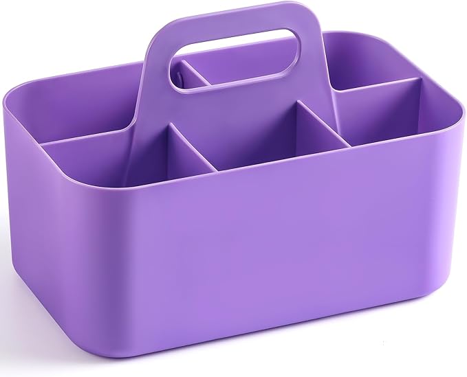 Multiuse Caddy Organizer with Handle, Portable Divided Plastic Tote Bin - Art Craft, Stationary Pen Marker Crayon, Makeup Hair Supplies Storage - Bathroom, Classroom, Dorm, Office, Desk Holder -Purple