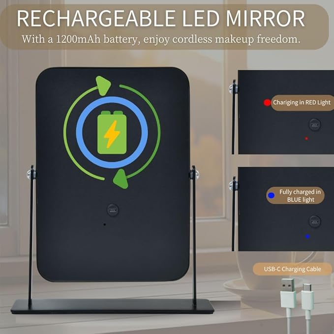 11"x9" Rechargeable Desktop Makeup Mirror with LED Lights, Adjustable Brightness Lighted Vanity Mirror, Tabletop Mirror for Bedroom, Gifts for Women with 3-Color Smart Touch Dimmable Lighting
