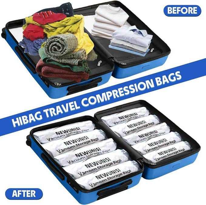 12 Pack Vacuum Storage Bags, Compression Bags for Travel, Roll Up Reusable Travel Space Saver for Luggage, Camping, and Storage (No Vacuum or Pump Needed).