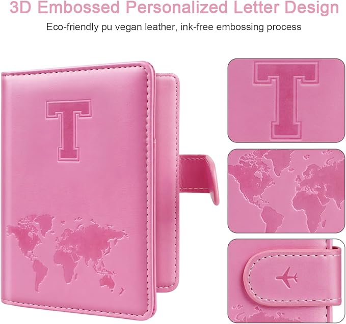 Passport Holder Cover Initail Letter A-Z Travel Wallet Embossed Design RFID Blocking Card Holder Personalized Gift Passport Cover Wallet, Passport Book Holders for Women and Girls, Pink-T