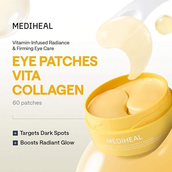 Mediheal Vita Collagen Under Eye Patches for - Korean Hydrogel Eye Pads (60 patches) with 7 Vitamin & 5 Micro Collagen. Moisturizng & Non Irritating Eye Gel Mask. Sealing Cap Included.