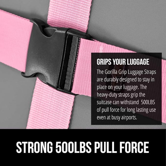 GORILLA GRIP Heavy Duty 8 Pack Adjustable Luggage Straps for Suitcases, Easy to Identify Travel Belt Connector Holds Suitcase Together, Extends Life of Bag, Strap Connects Two Bags, Accessories Pink