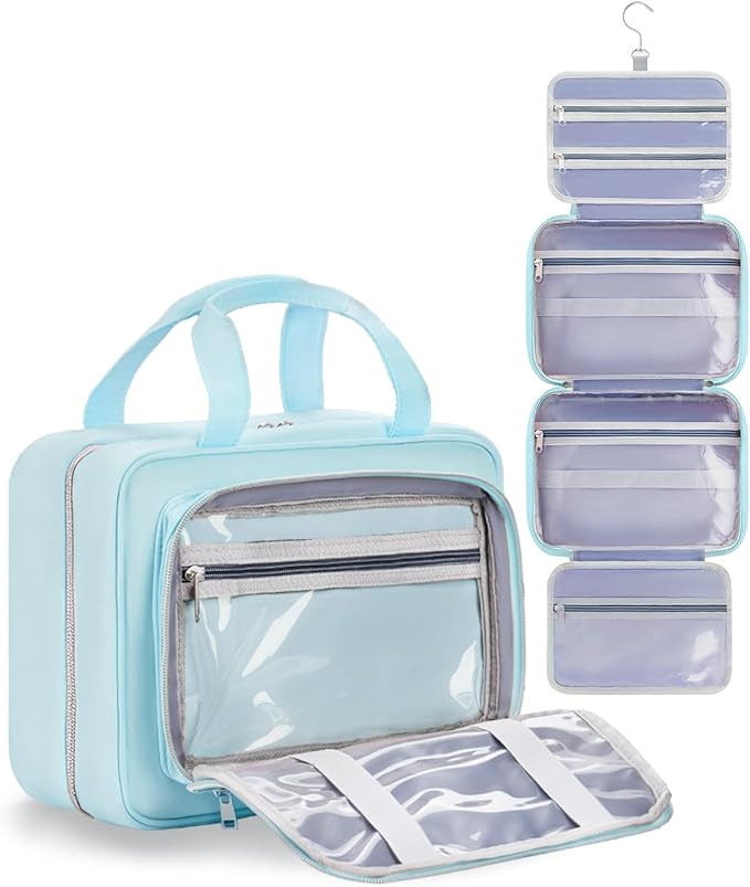 Travel Hanging Toiletry Bag for Women - Waterproof Cosmetic Organizer with Clear Window, Lightweight Bathroom Bags for Essentials, Makeup, Shampoo, Toiletries Blue,Large