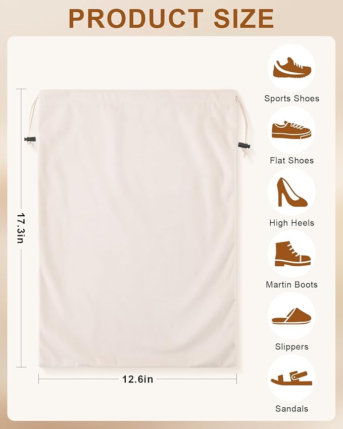 FantasyLife Shoe Bags for Travel, 17.3"x12.6" Washable Dust Bags for Storage & Packing, Flannel Shoe Pouch with Drawstring Closure for Purses, Handbags, Shoes & Toys (4, Beige)