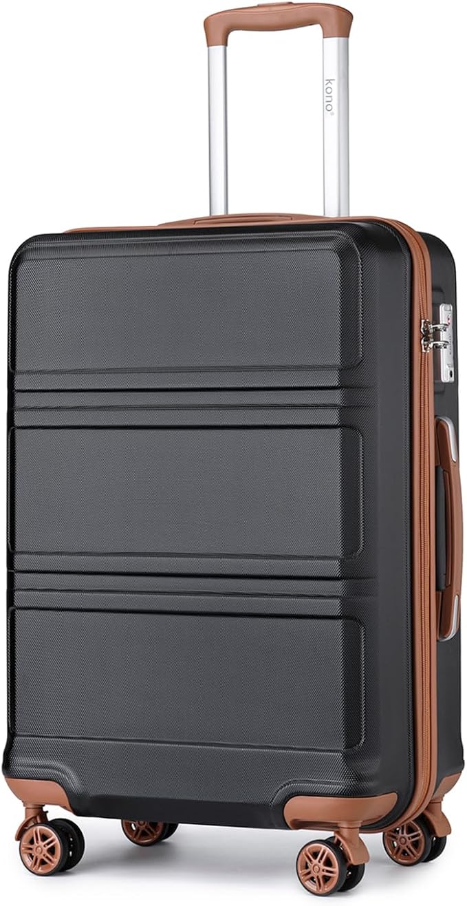 Kono 24 Inch Luggage Suitcase with Spinner Wheels TSA Lock Lightweight PC+ABS Hardside Medium Checked Luggage Durable Rolling Suitcase Apricot Black