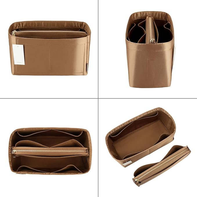Purse Organizer Insert For Handbags, Purse Organizer With Zipper, Neverfull Organizer, Bag Organizer For Speedy Neverfull ONTHEGO Tote, Handbag and More (Silky Brown, Medium)