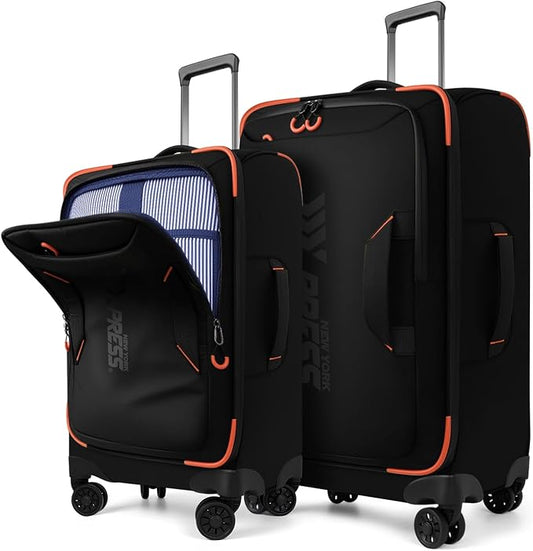 2-Piece Set（22in/26in） Front Opening,Softside Luggage Sets w/Double Spinner Wheels Suitcase,Waterproof,Lightweight Travel Luggage Rolling Suitcase（Black,22in/26in）