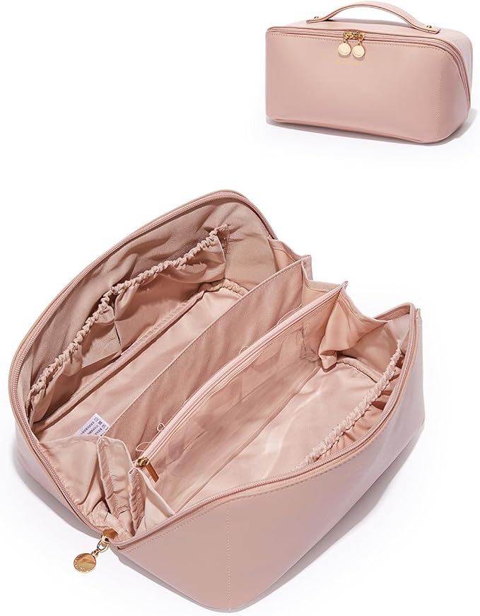 EACHY Travel Makeup Bag, Large Capacity Cosmetic Bag for Women, Waterproof PU Leather, Flat Open Portable Toiletry Bag for Skincare, Brushes & Travel Essentials