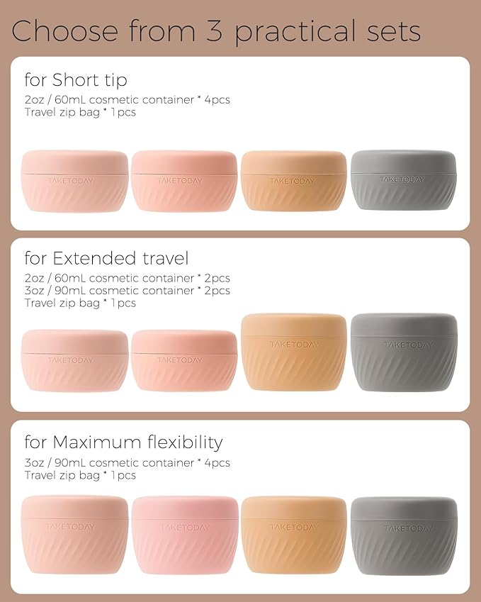 TakeToday Travel Containers for Toiletries, Leak-proof, TSA Approved, Refillable Silicone Cream Jars with Lid Travel Size Essential for Cosmetic toiletry Cream, 3oz, 4 Pack (Apricot)