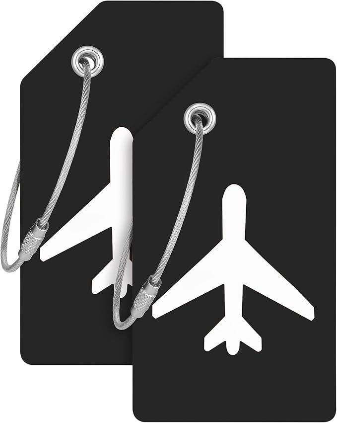 Mifflin-USA Silicone Luggage Tags (Black, 2 Pack) with Plane Embedded Design & Name ID Card; Bright Colors to Quickly Find Your Bag